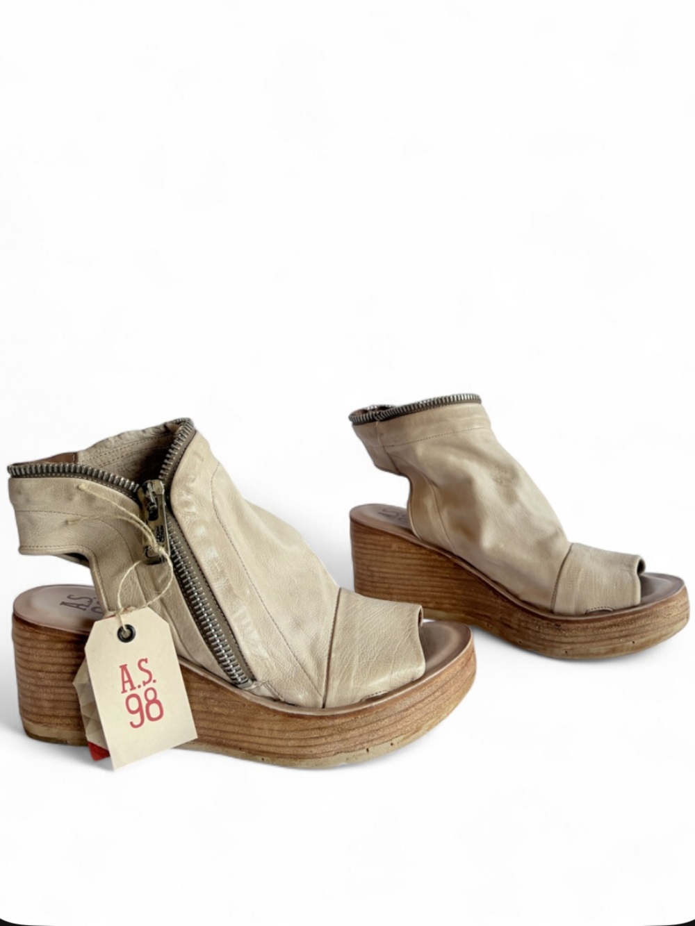 AS 98 Naylor Taupe Leather Peep-Toe Wedge Sandals with Side Zip - Picture 6 of 7